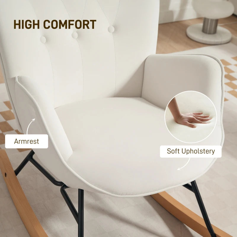 Modern Velvet Rocking Chair with Solid Wood Legs and Metal Frame for Living Room and Bedroom, Cream