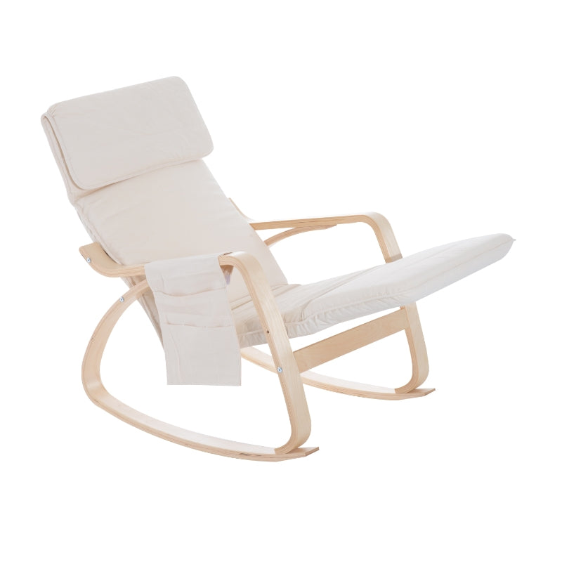 Cream White Rocking Lounge Chair Recliner with Adjustable Footrest, Side Pocket and Pillow for Ultimate Relaxation