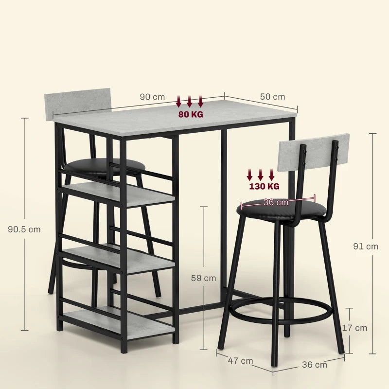 Stylish 3-Piece Kitchen Dining Set with Shelves - Modern Grey and Black Design for Small Spaces