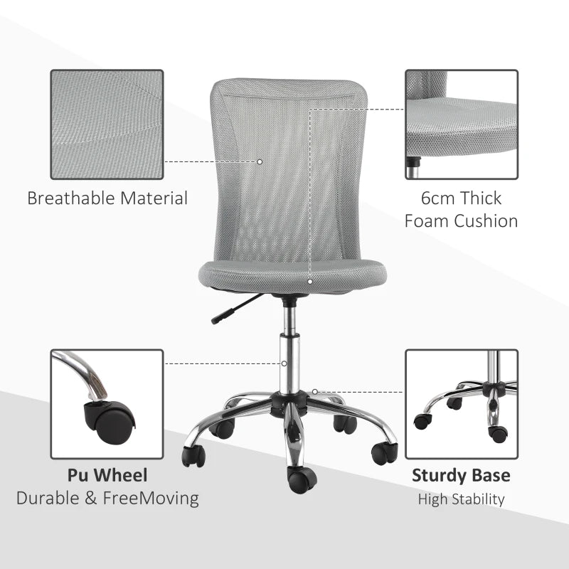 Armless Adjustable Office Chair with Rolling Wheels and Mesh Back for Home and Study Grey
