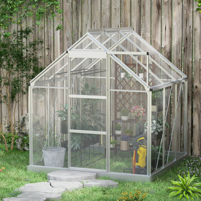 6x6ft Silver Polycarbonate Walk-In Greenhouse with Sliding Door