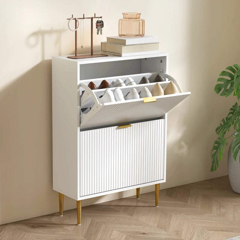 Narrow White Shoe Cabinet with 2 Flip Drawers for Space Saving Storage