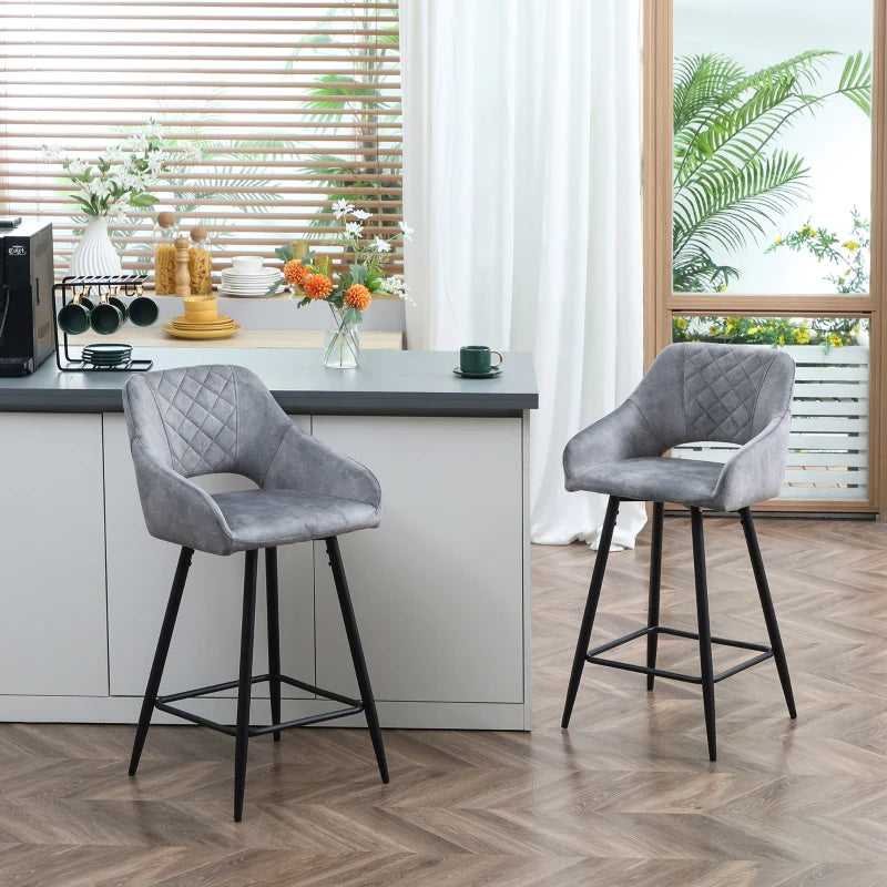 Set of 2 Velvet Bar Stools - Counter Height Kitchen Chairs with Steel Legs - Stylish Grey Dining Area Barstools