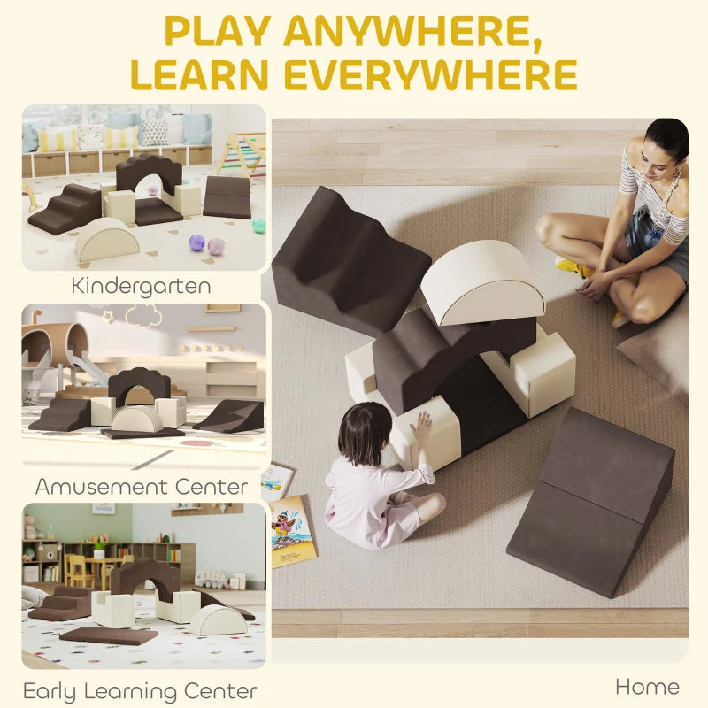 7 Piece Soft Play Set for Kids Indoor Climbing and Crawling Foam Toy Brown