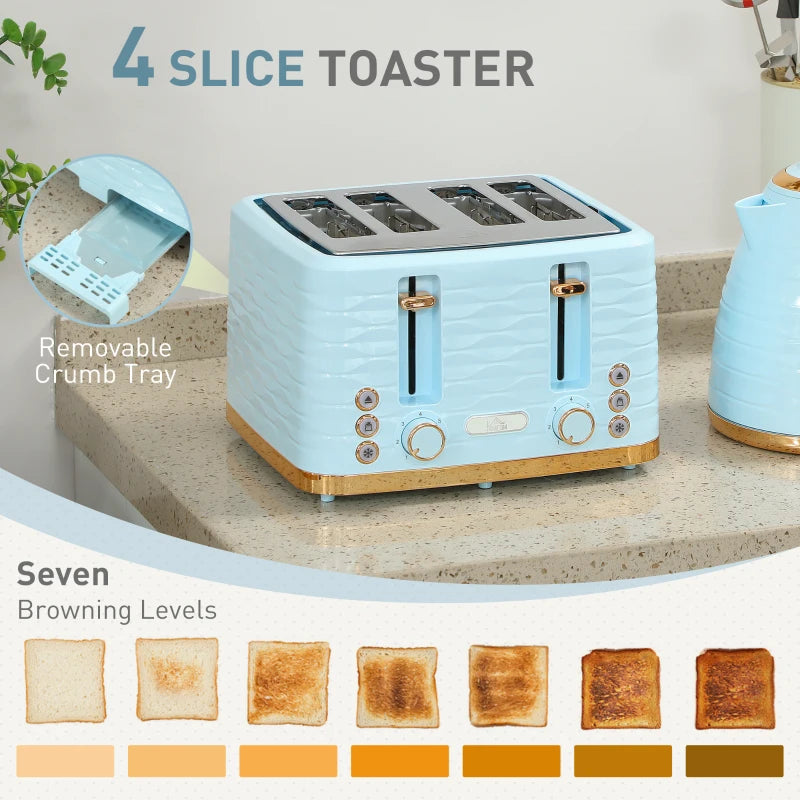 Light Blue 3000W Kettle & 4 Slice Toaster Set - 1.7L Capacity, 7 Browning Controls, Easy Clean Crumb Tray