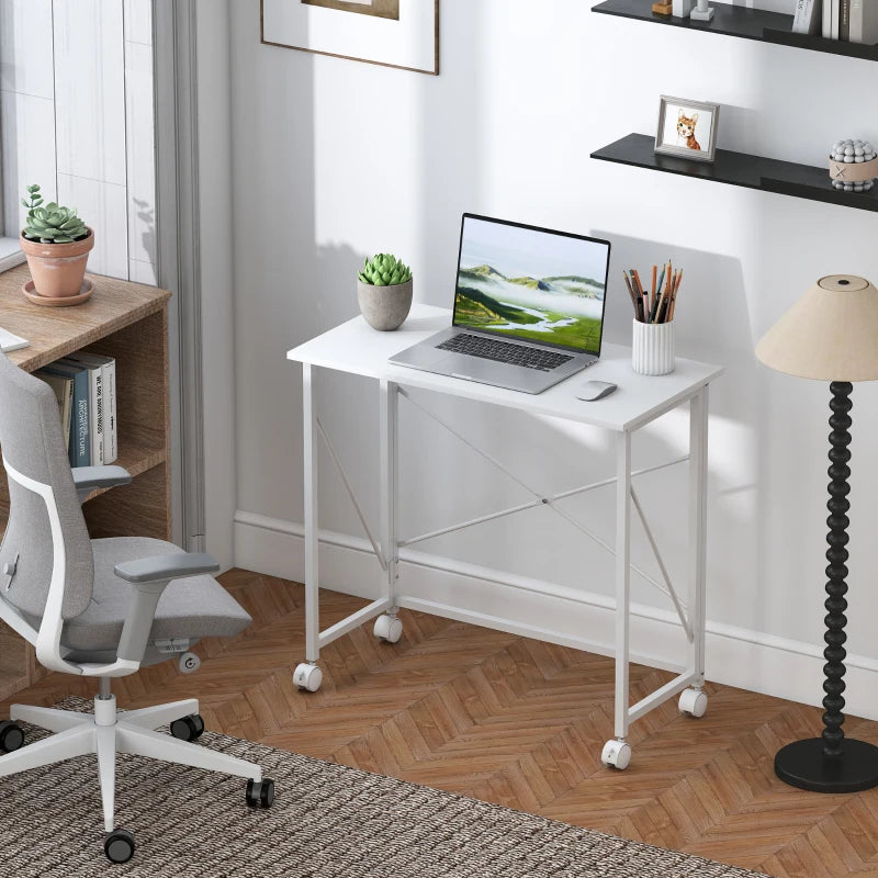 Versatile 80 cm Folding Desk on Wheels - Space-Saving White Home Office Table for Easy Mobility and Storage