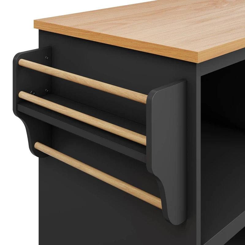 Mobile Kitchen Trolley with 5 Wheels, Drawers & Cupboards - Wooden Food Cart for Kitchen Organization, 129L x 46W x 92H cm, Black