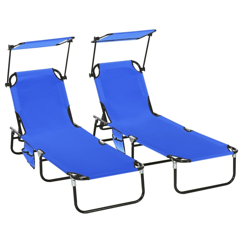 2 Piece Blue Folding Sun Loungers with Canopy - Adjustable Recliner Garden Chairs with Side Pocket, Steel Frame and Breathable Mesh for Outdoor, Pool, Beach, Garden