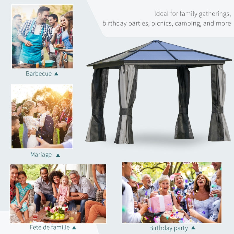 Deluxe 3x3m Garden Gazebo with Curtains & Mosquito Netting – Dark Grey Aluminium Frame & Polycarbonate Roof for Patio