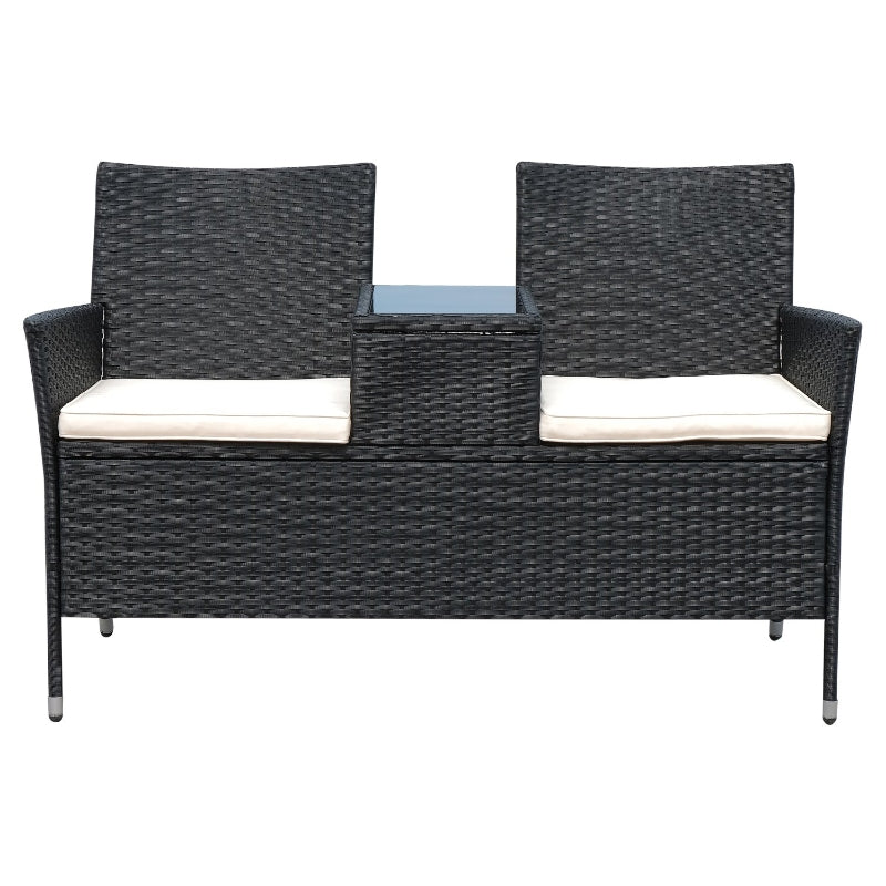 Black Rattan 2-Seater Outdoor Patio Loveseat with Drink Table