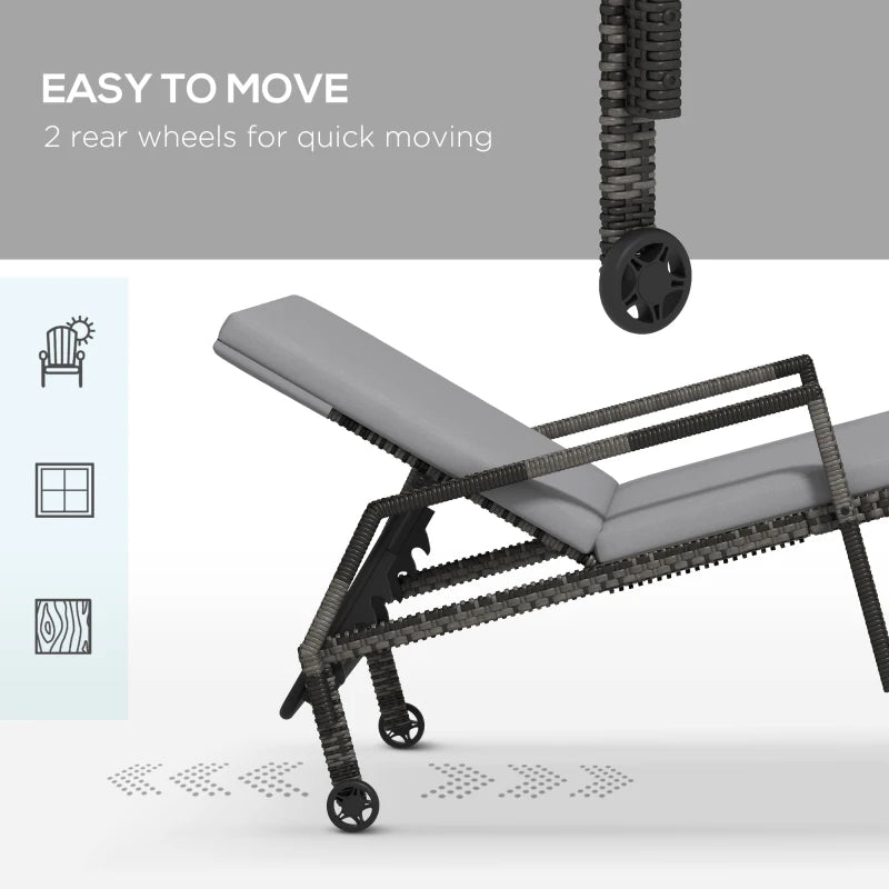 Rattan Wicker Outdoor Sun Lounger - Grey, Adjustable Backrest, 2 Wheels
