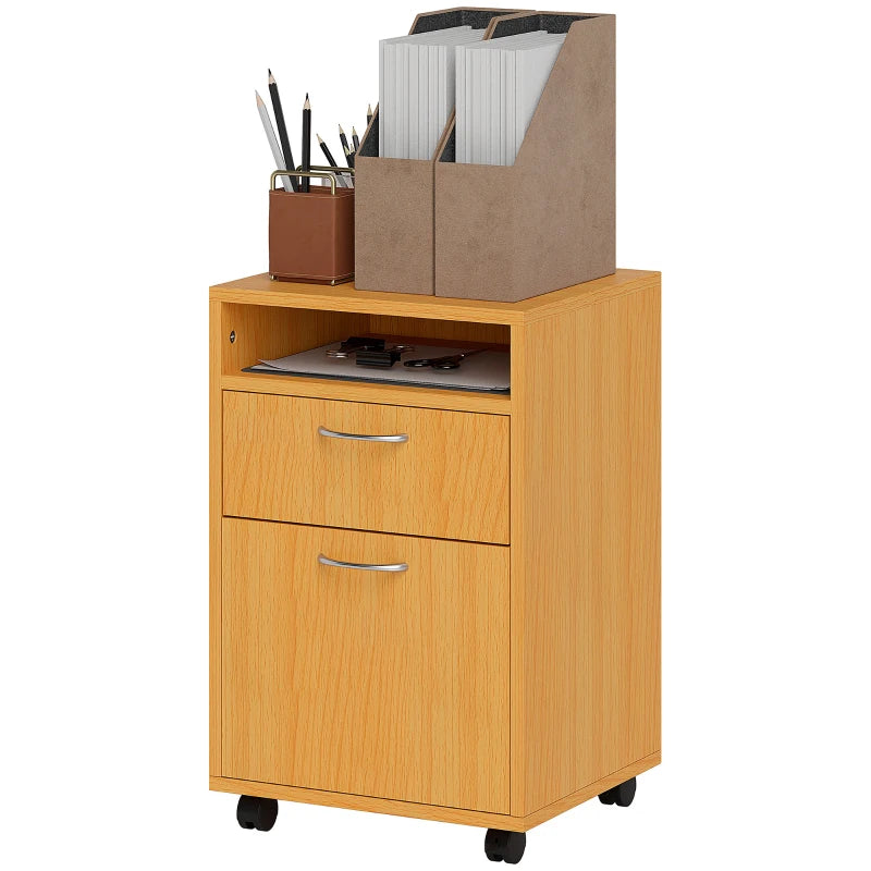 60cm Mobile Filing Cabinet with Drawer & Open Shelf, 4 Wheels, Metal Handles - Natural Wood Finish for Office & Home