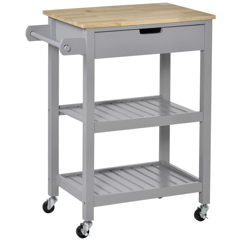Grey Kitchen Trolley Utility Cart on Wheels with Rubberwood Top, Towel Rack, Storage Shelves & Drawer for Dining Room