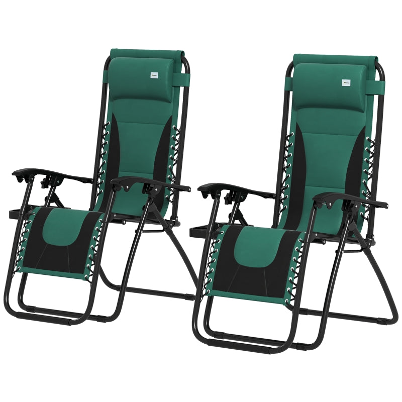 Zero Gravity Lounger Chair Set of 2 - Folding Reclining Patio Chairs with Padded Seat, Cup Holder, Soft Cushion and Headrest - Green