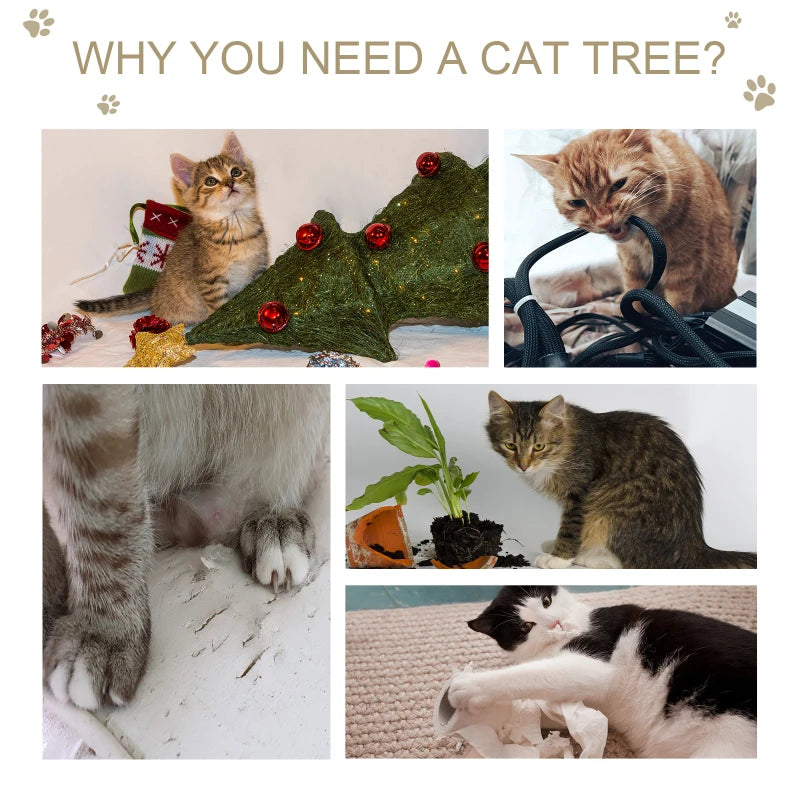 Multi-Level Cat Tree for Indoor Cats - Plush Kitten Tower with Scratching Post, Condo, and Hanging Ropes - Grey Pet Furniture