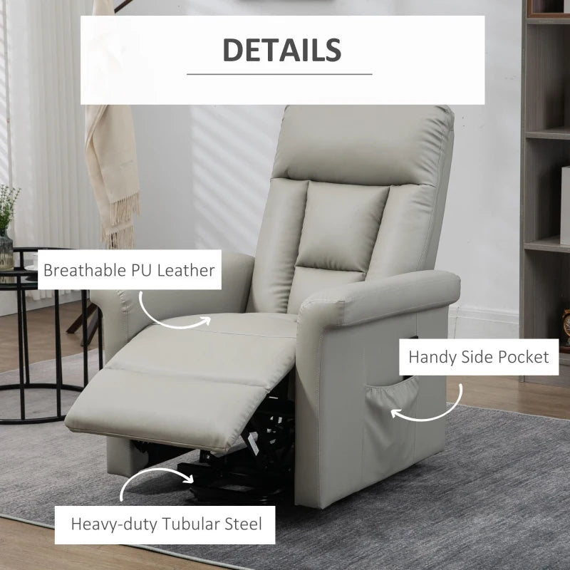Power Lift Recliner Chair for Elderly - PU Leather Armchair with Extended Footrest, Remote Control, Side Pocket, Grey
