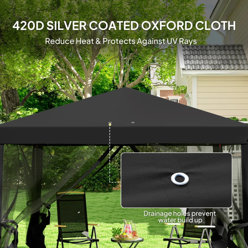3m x 3m Black Pop Up Gazebo - 420D Garden Tent Canopy with Removable Mesh Sidewall Netting and Carry Bag for Outdoor Patio