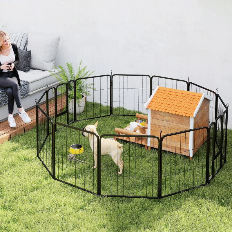 12 Panel Solid Dog Playpen with Doors for Medium Dogs 80cm High Black