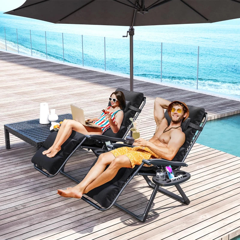 Set of Two Black Reclining Sun Loungers with Cushions - Outdoor Patio Furniture