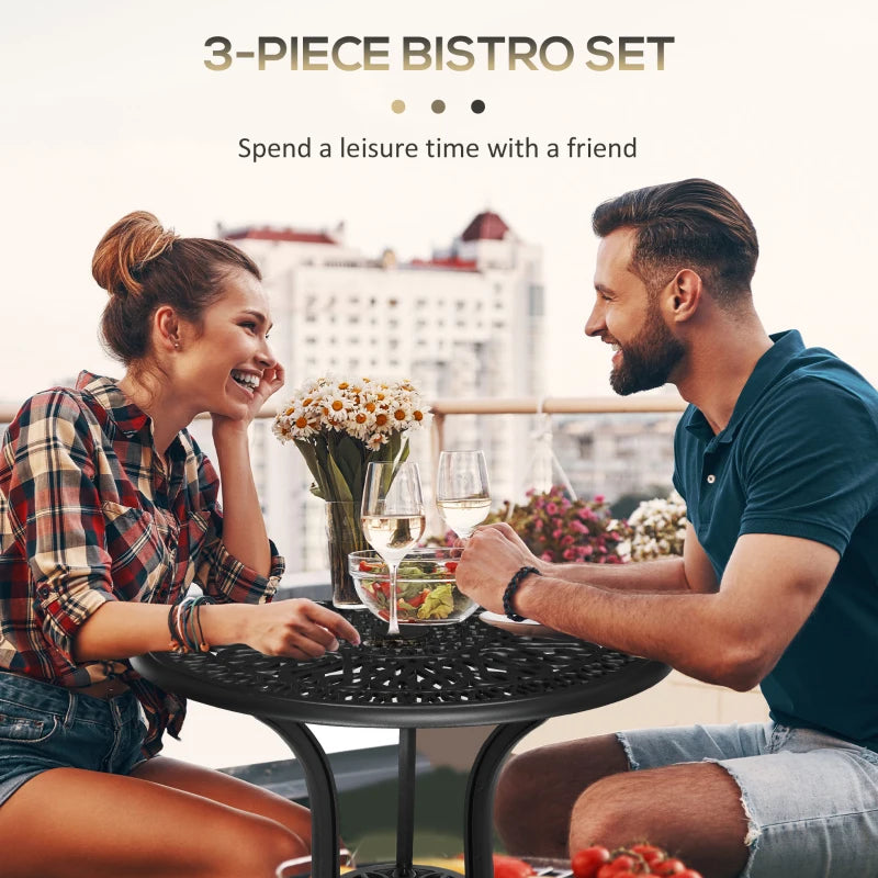 3 Piece Black Cast Aluminium Garden Bistro Set with Umbrella Hole - Outdoor Furniture for Balcony, Porch, Patio