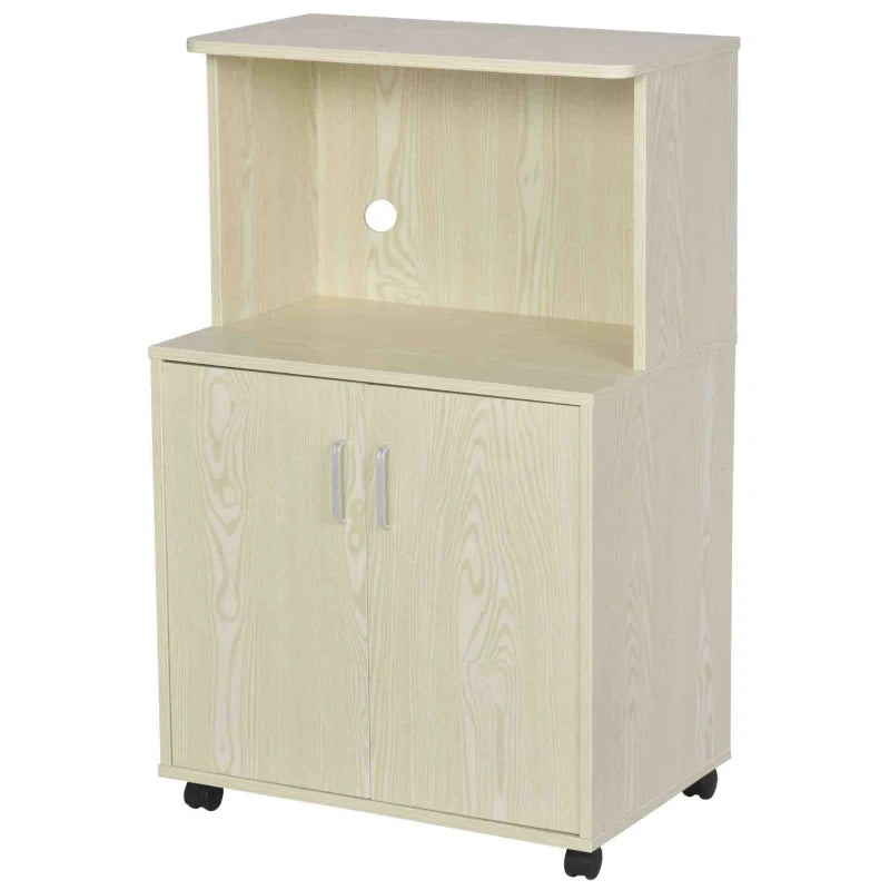 Modern Oak Kitchen Storage Unit - Microwave Stand Trolley Cart with Locking Wheels & Shelf for Living Room/Dining Room