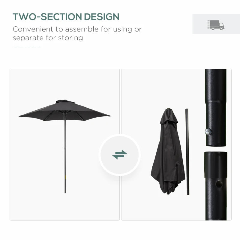 Black 2m Outdoor Garden Parasol Umbrella with 6 Sturdy Ribs