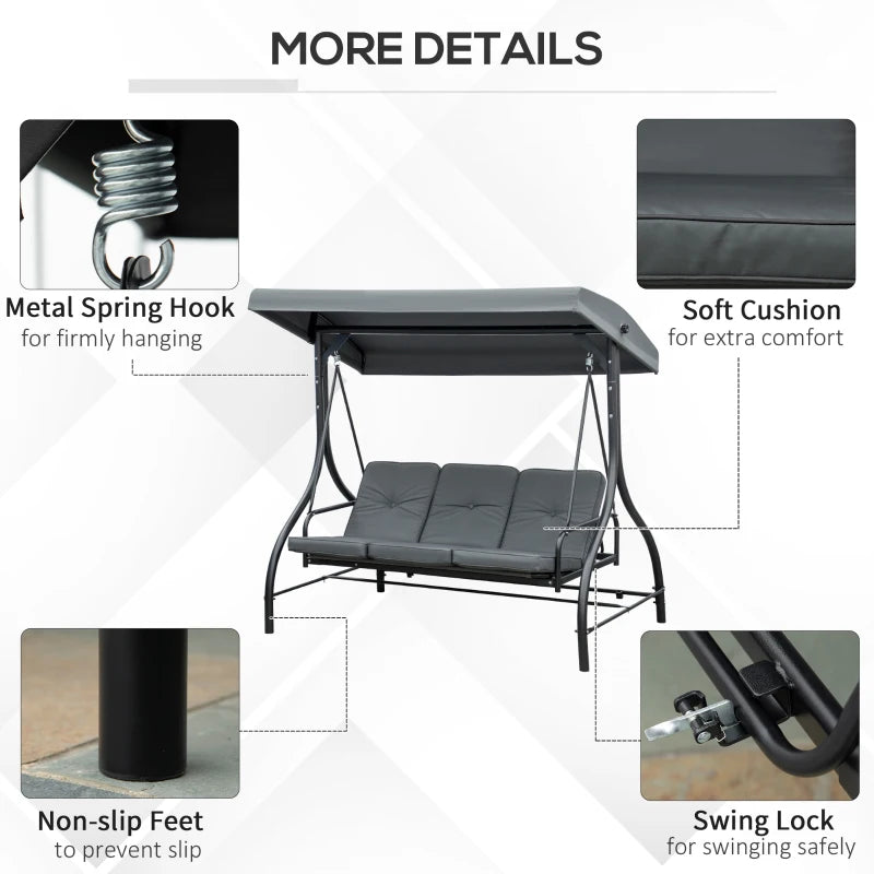 Dark Grey 3 Seater Canopy Swing Chair with Adjustable Canopy