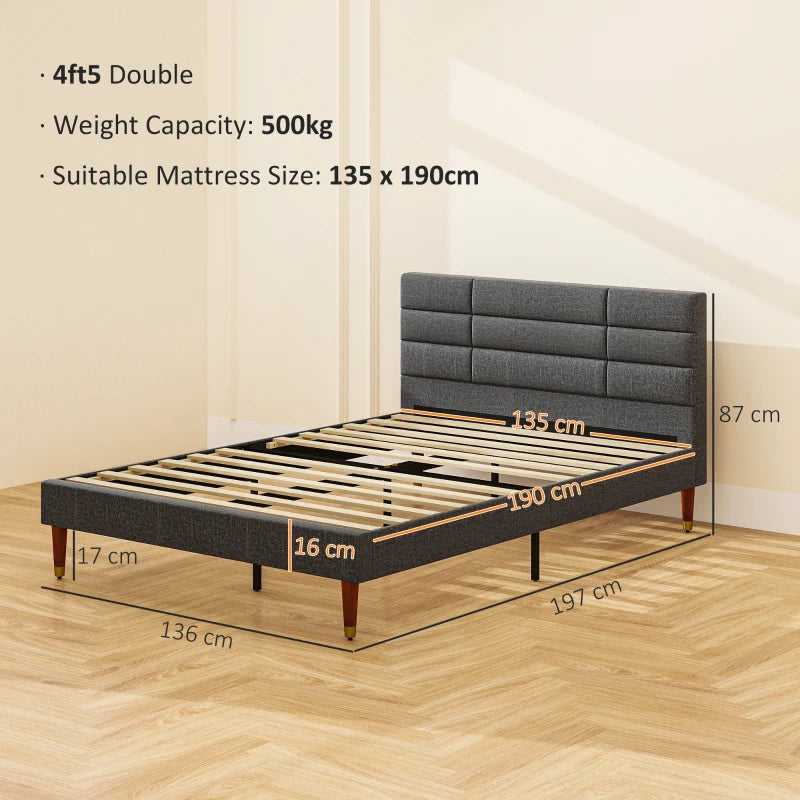 Stylish Grey Upholstered Double Bed Frame with Slats 136cm Wide 196cm Long 87cm High