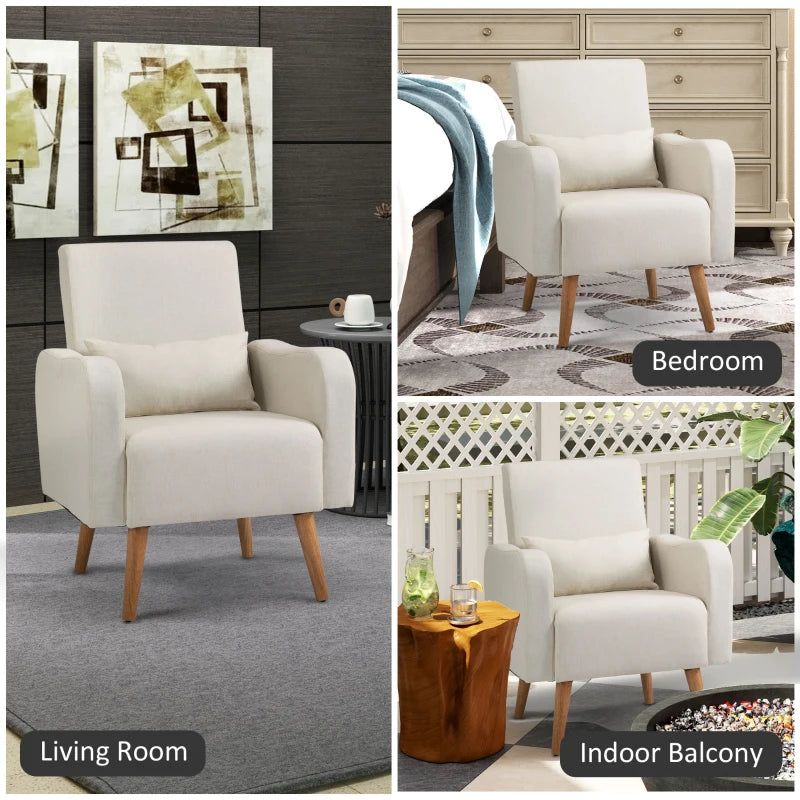 Linen-Touch Accent Chair with Pillow - Upholstered Lounge Sofa for Living Room, Club Chair in Cream