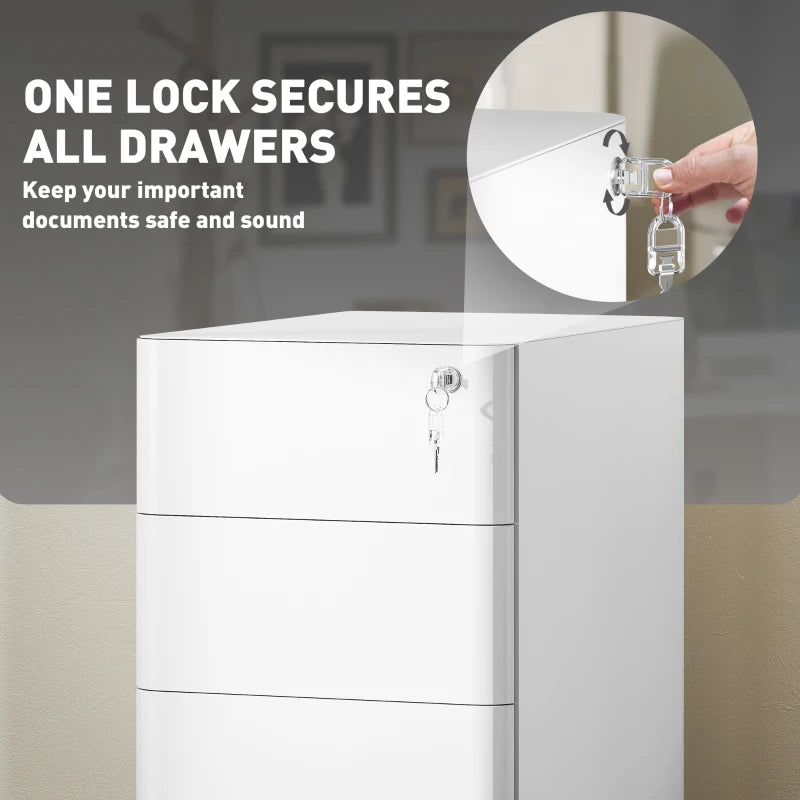 Vinsetto White 3-Drawer Steel Filing Cabinet with Lock - Secure Storage Solution for Home or Office