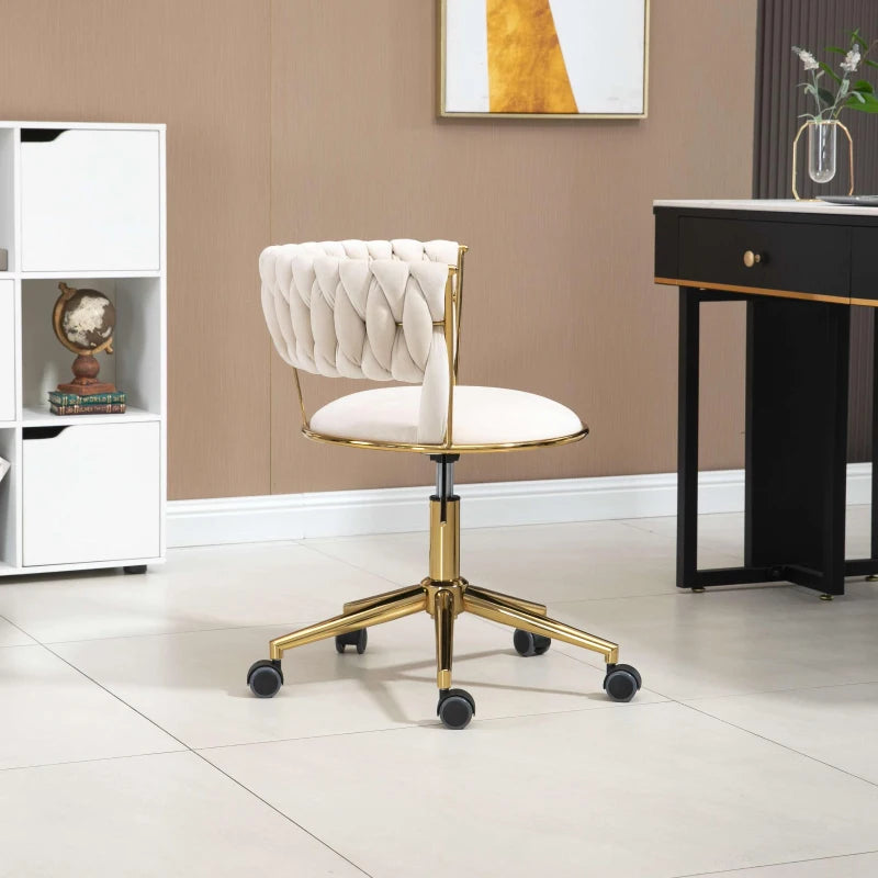 Ivory Velvet 360° Swivel Computer Chair with Backrest, Adjustable Height, 5 Wheels, Stainless Base, 62x62x77 cm