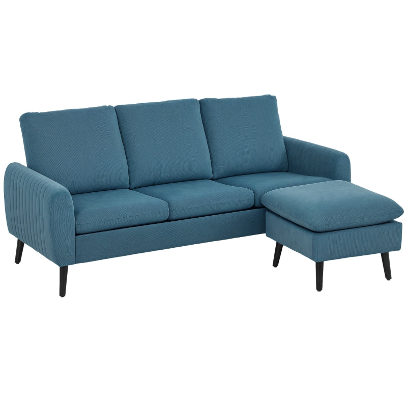 L-shaped 3 Seater Corduroy Sofa with Ottoman and Reversible Chaise for Small Living Rooms, Blue