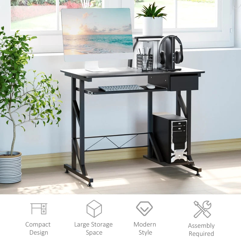 Modern Black Computer Desk with Display Stand, Sliding Keyboard Tray, and Host Box Shelf for Home Office Workstation