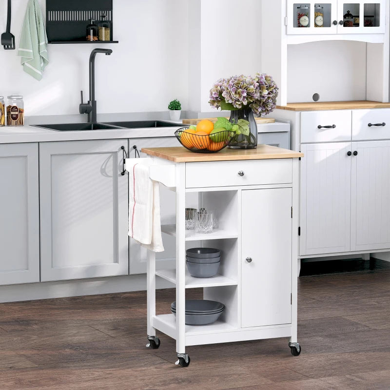Versatile Kitchen Trolley on Wheels - White Kitchen Island with Wood Top, 3 Shelves & Storage Cupboard