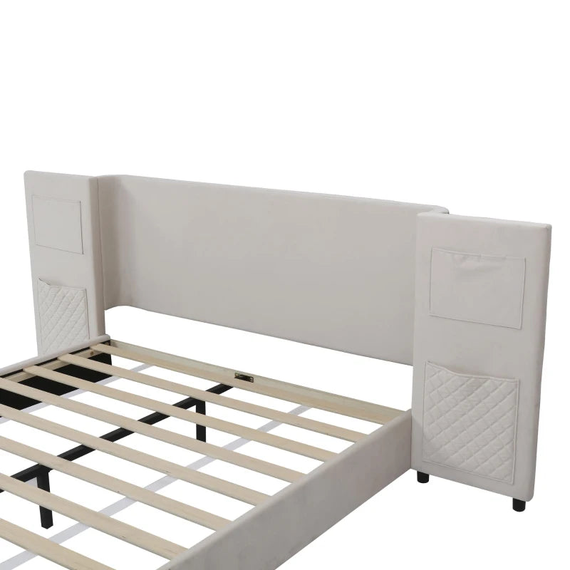 Beige Upholstered Double Bed Frame with Storage Drawers & Headboard Pockets - Velvet & Plywood, 229L x 222.5W x 87.5H cm