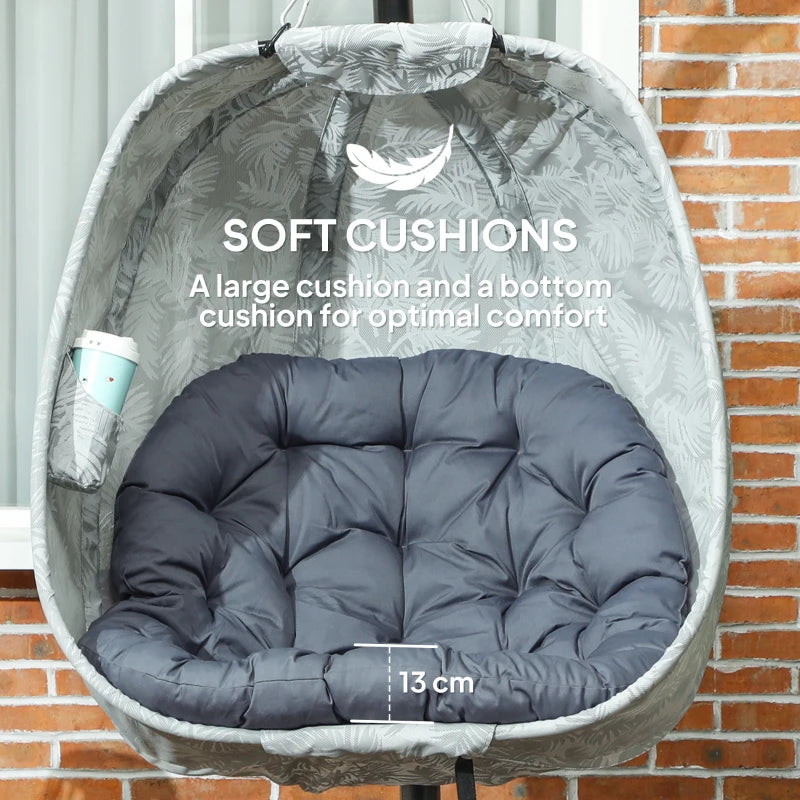 Hanging Egg Chair - Grey Outdoor Indoor Garden Swing Chair with Folding Basket, Stand, Thickened Cushion & Cup Holder