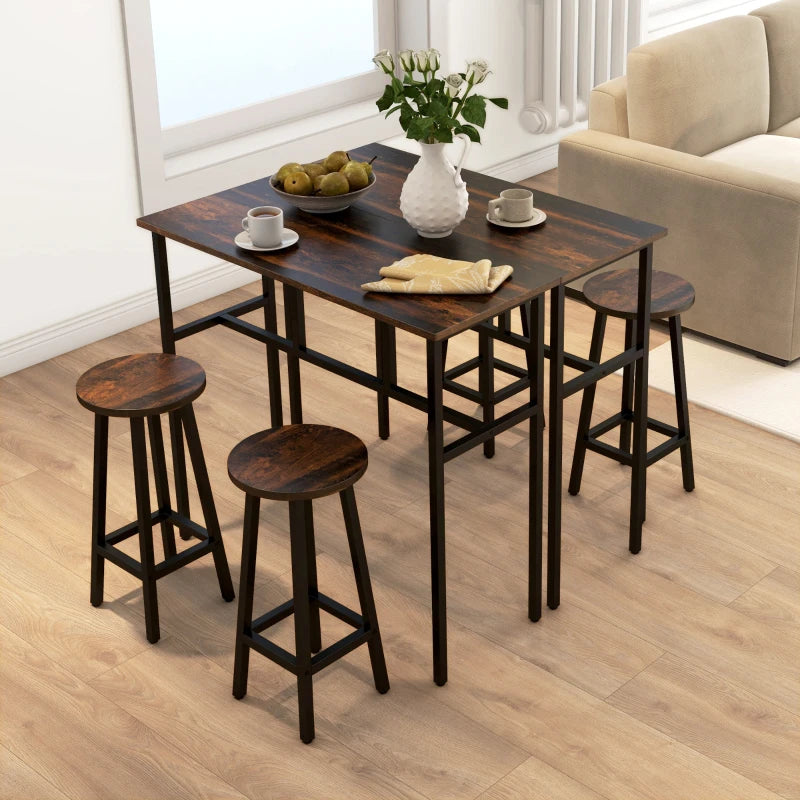 6-Piece Rustic Brown Bar Table Set - Space-Saving Counter Height Dining Set with 2 Tables & 4 Stools for Small Spaces
