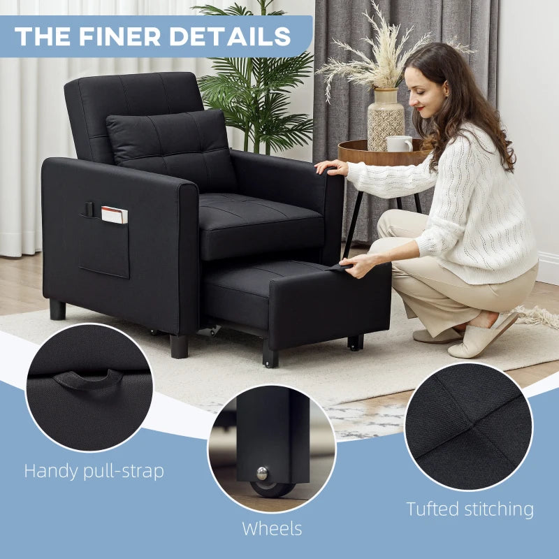 Linen-Look Black Single Chair Bed for Stylish Space-Saving Comfort