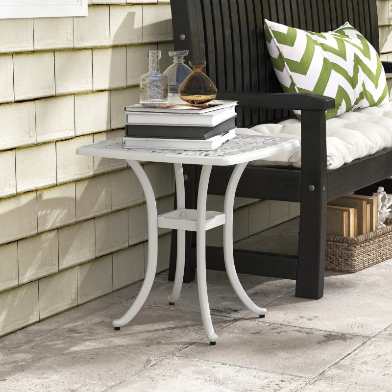 Square White Cast Aluminium Bistro Table with Umbrella Hole - Outdoor Garden Side Table for Balcony (Size: 60cm)