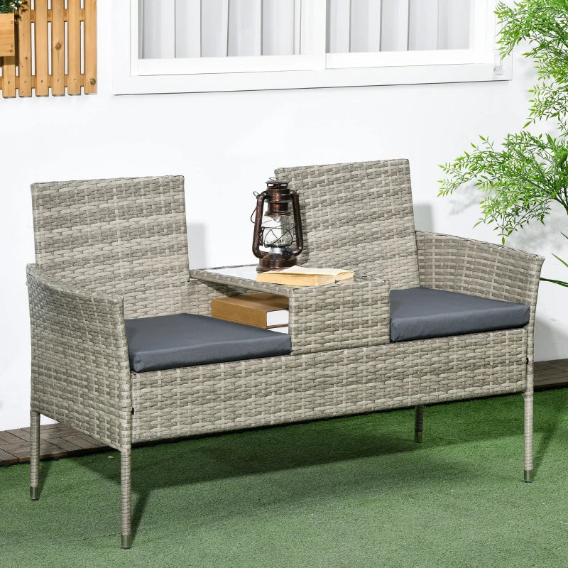 Light Grey Rattan Two-Seat Chair with Middle Table