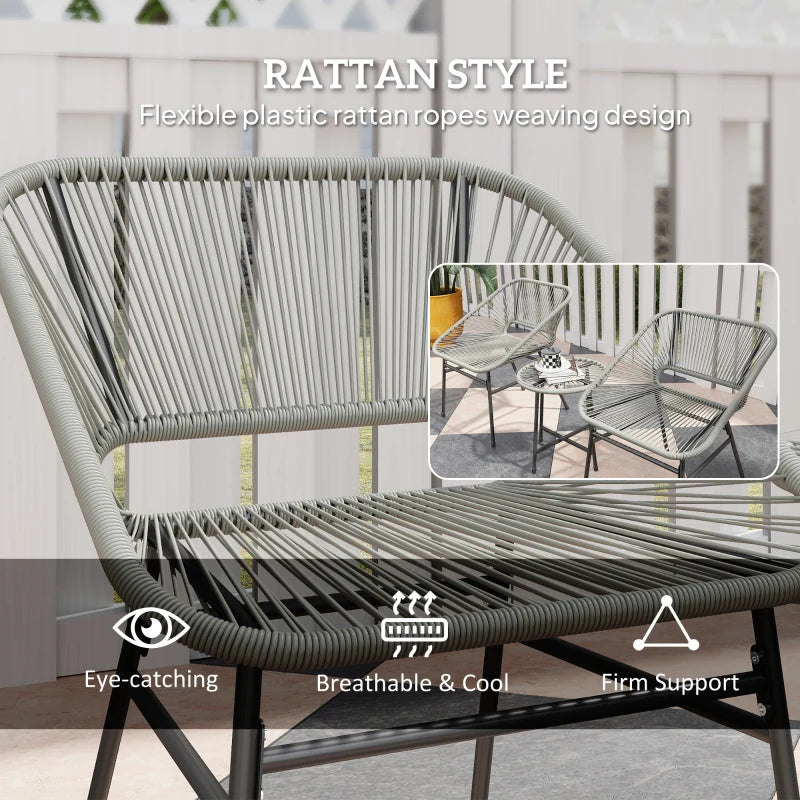 3-Piece Light Grey Rattan Bistro Set - Wicker Garden Table and Chairs with Cushions and Glass Top for Outdoor, Patio, Balcony