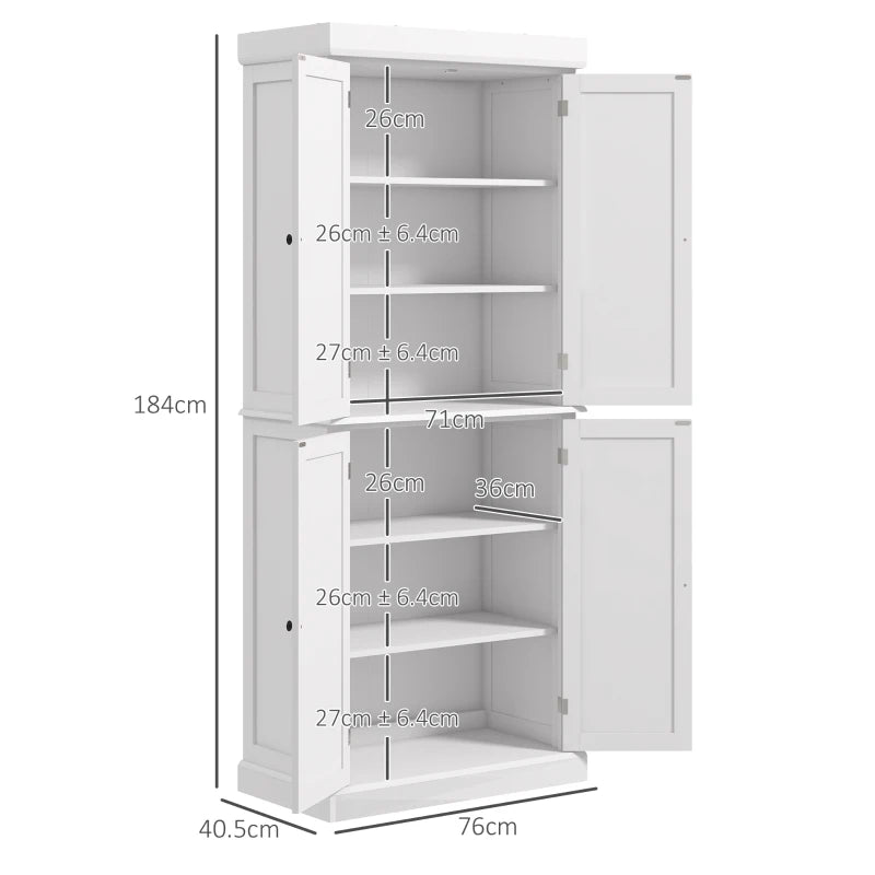 Freestanding Kitchen Storage Cabinet with 4 Doors and 6-Tier Shelving in White