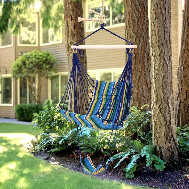 Blue Striped Outdoor Hanging Hammock Swing Chair with Footrest