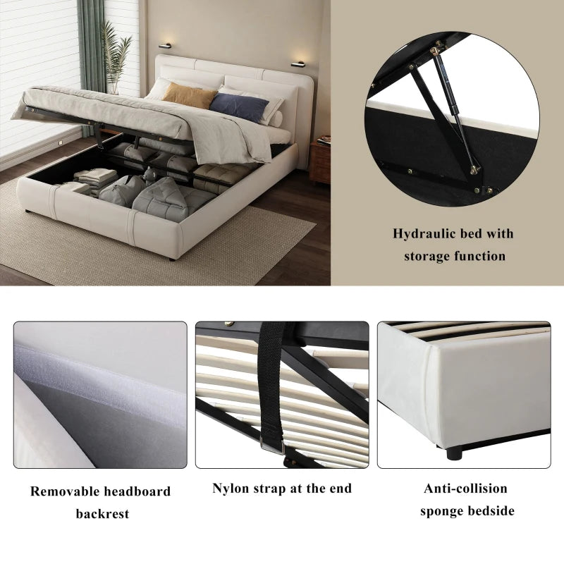 Upholstered Double Bed with Hydraulic Storage & Headboard - Full-Size Beige Bed for Bedding Storage, 210x159x90 cm