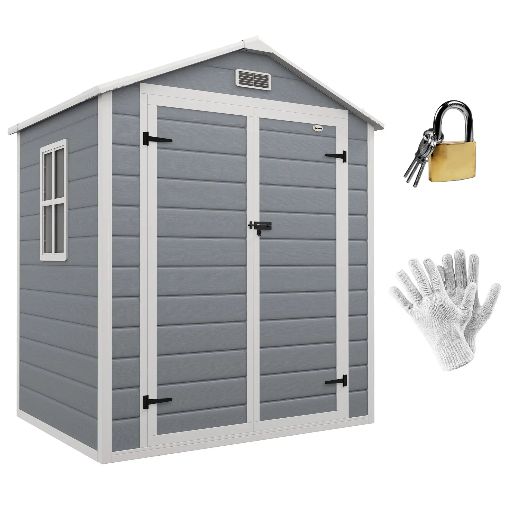 6ft x 4.5ft Grey Metal Shed - Lockable Garden Shed with Double Doors, Window, Vent and Plastic Roof