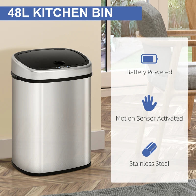 Stainless Steel 48L Touchless Kitchen Sensor Dustbin - Automatic Silver Rubbish Garbage Waste Bin for Home & Office