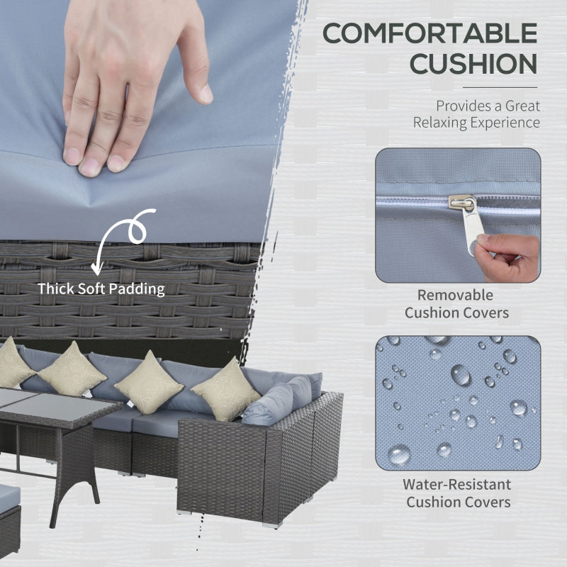 9-Seater Rattan Corner Sofa Set - 10 Pieces With Grey Frame and Dusty Blue Cushions