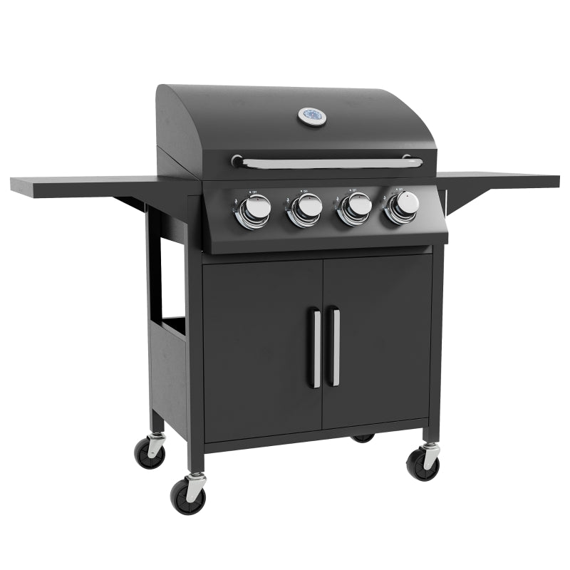 4-Burner Gas BBQ Grill in Black with Warming Rack & Storage