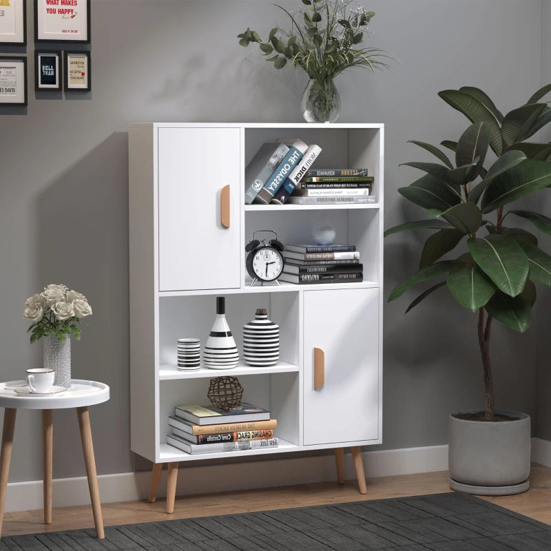 Modern White Sideboard Bookshelf - Free Standing Bookcase with Adjustable Shelves, Wooden Legs & Two Doors for Stylish Storage