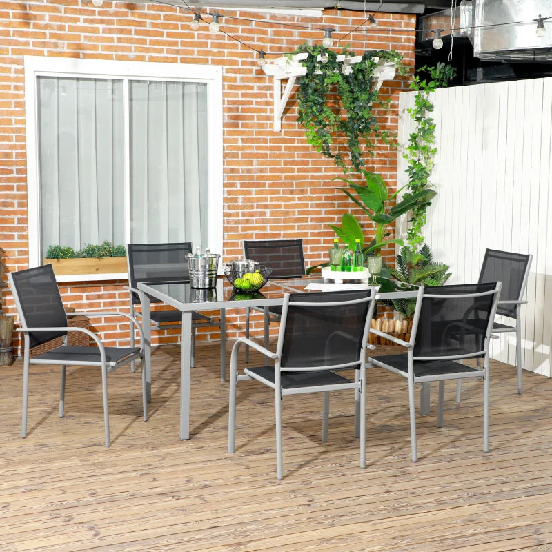 7 Piece Outdoor Garden Dining Set with Table and 6 Stackable Chairs Steel Frame Tempered Glass Top